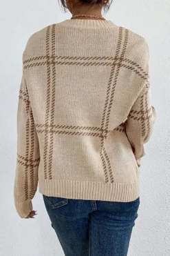 Sale Dear-Lover Plaid Pattern Knitted Drop Shoulder Sweater Khaki