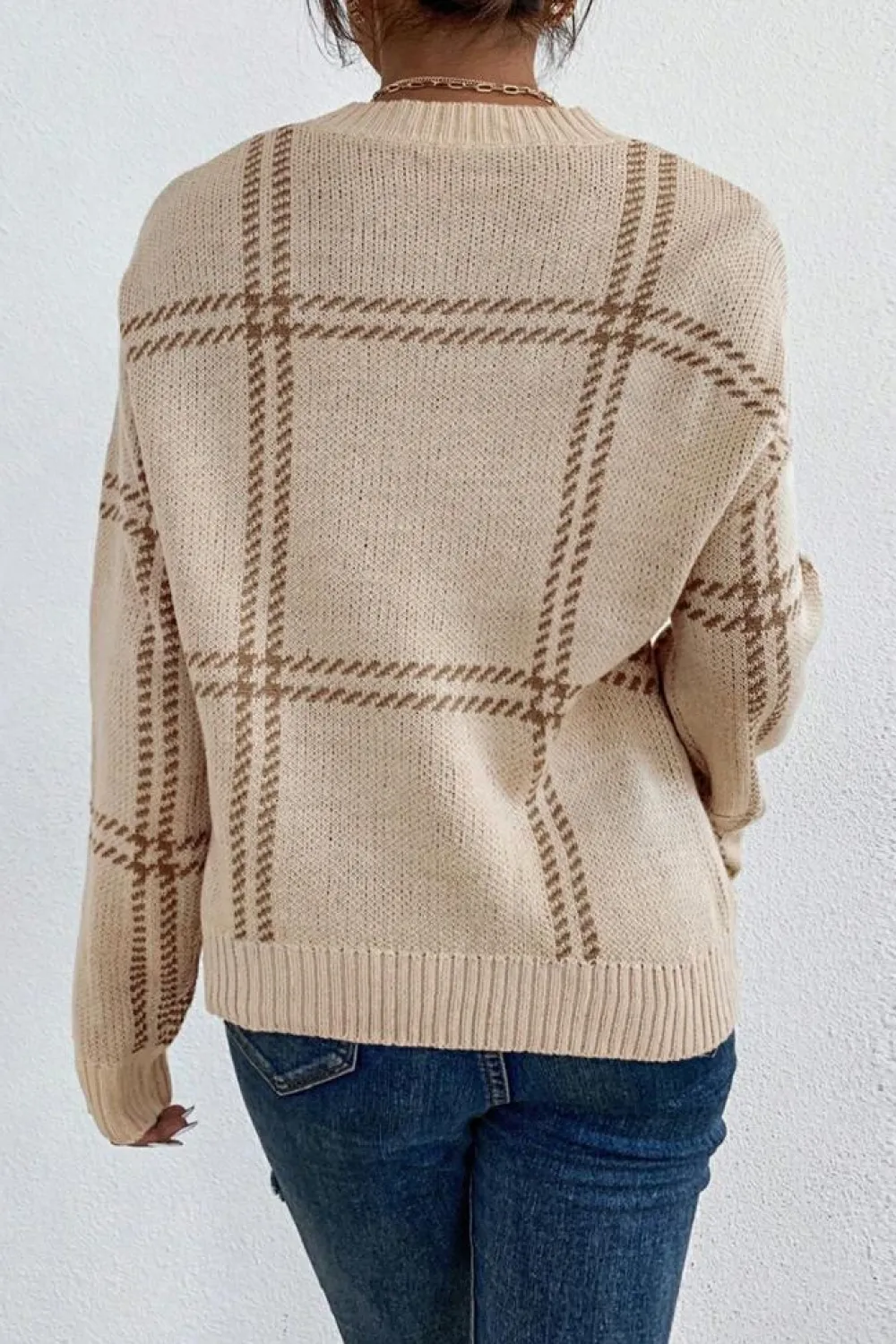 Sale Dear-Lover Plaid Pattern Knitted Drop Shoulder Sweater Khaki