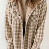 Best Dear-Lover Plaid Pattern Sherpa Lined Hooded Shacket Khaki