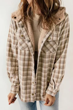 Best Dear-Lover Plaid Pattern Sherpa Lined Hooded Shacket Khaki