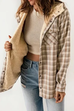 Best Dear-Lover Plaid Pattern Sherpa Lined Hooded Shacket Khaki