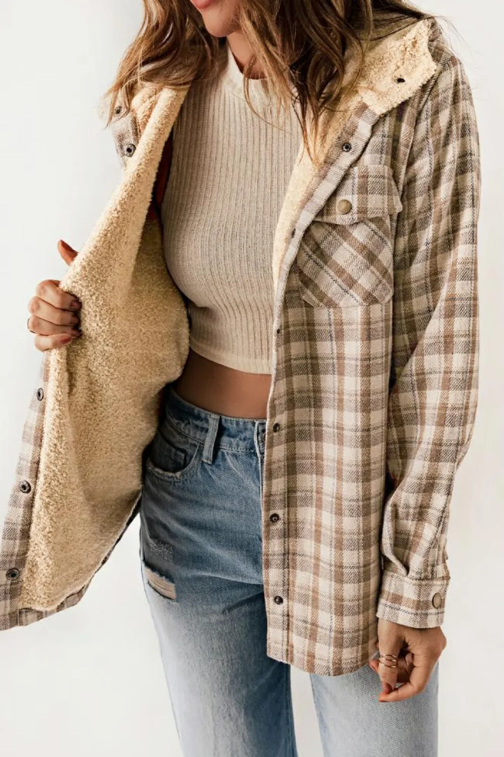 Best Dear-Lover Plaid Pattern Sherpa Lined Hooded Shacket Khaki