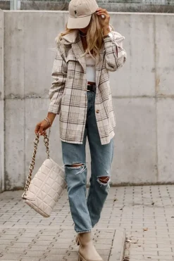 Hot Dear-Lover Plaid Removable Hood Buttoned Shacket Khaki