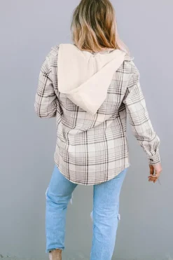 Hot Dear-Lover Plaid Removable Hood Buttoned Shacket Khaki