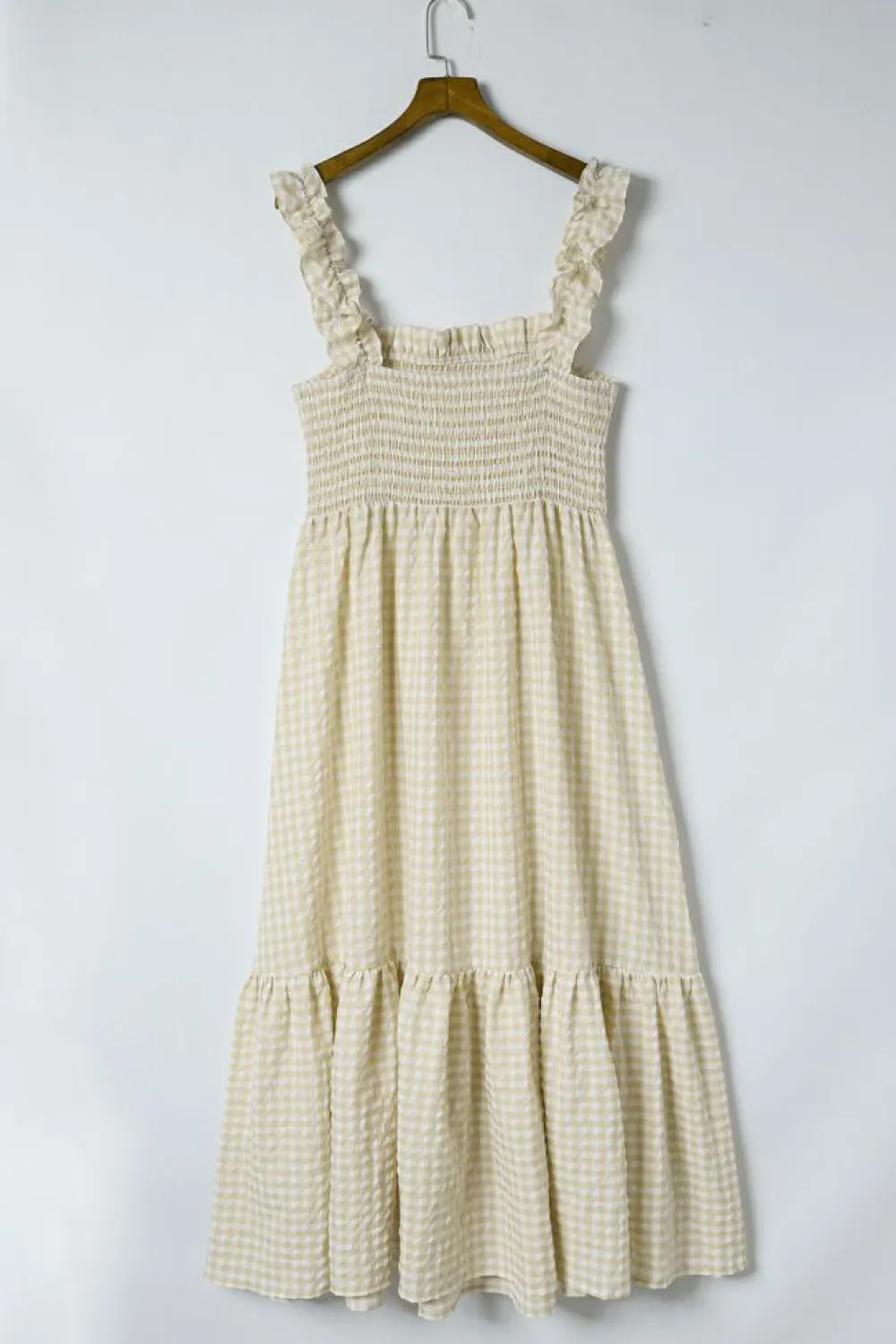 Clearance Dear-Lover Plaid Ruffled Sleeve Smocked Maxi Dress Khaki