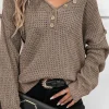Fashion Dear-Lover Pointelle Knit Button V Neck Drop Shoulder Sweater Khaki