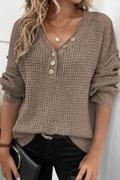 Fashion Dear-Lover Pointelle Knit Button V Neck Drop Shoulder Sweater Khaki