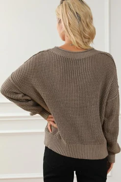 Fashion Dear-Lover Pointelle Knit Button V Neck Drop Shoulder Sweater Khaki