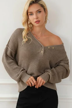 Fashion Dear-Lover Pointelle Knit Button V Neck Drop Shoulder Sweater Khaki