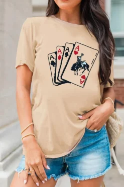 Best Dear-Lover Poker Queen Embroidered Graphic Tee Khaki