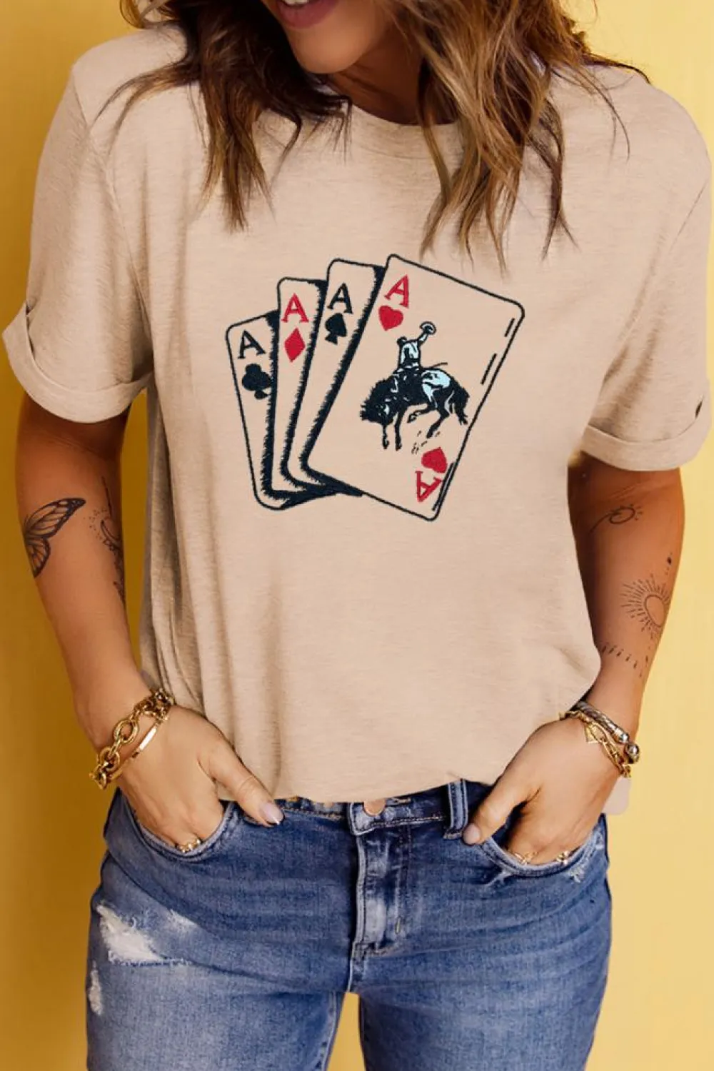 Best Dear-Lover Poker Queen Embroidered Graphic Tee Khaki