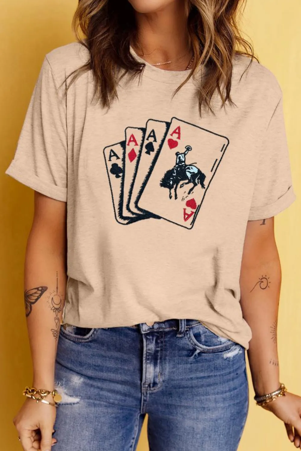 Best Dear-Lover Poker Queen Embroidered Graphic Tee Khaki