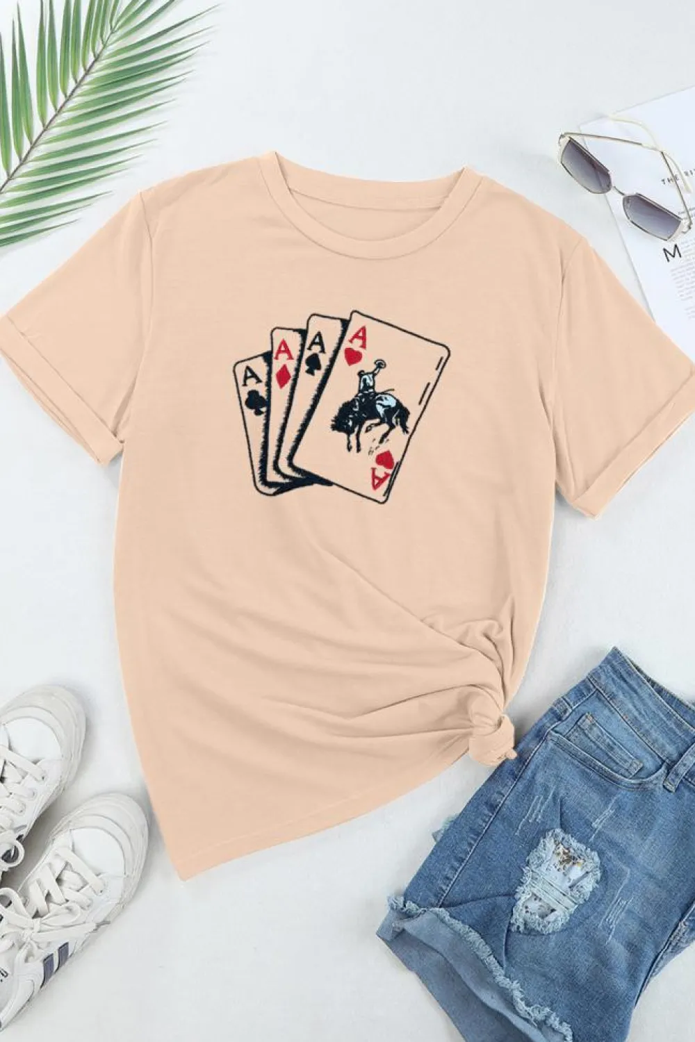 Best Dear-Lover Poker Queen Embroidered Graphic Tee Khaki