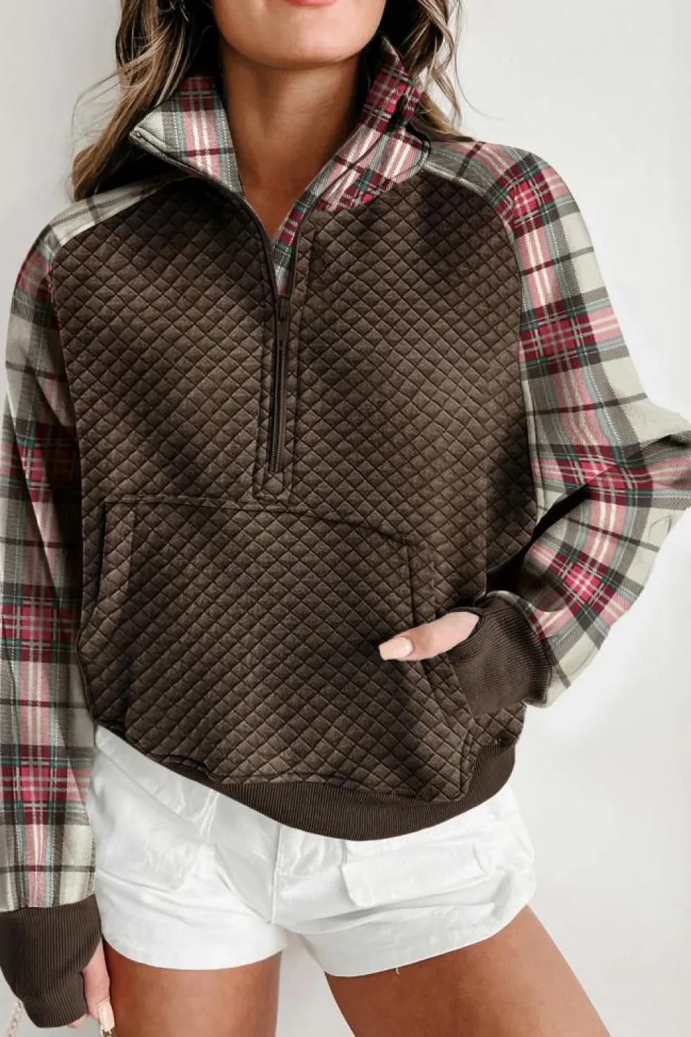 Hot Dear-Lover Plaid Sleeve Patchwork Collared Textured Sweatshirt Khaki Printed