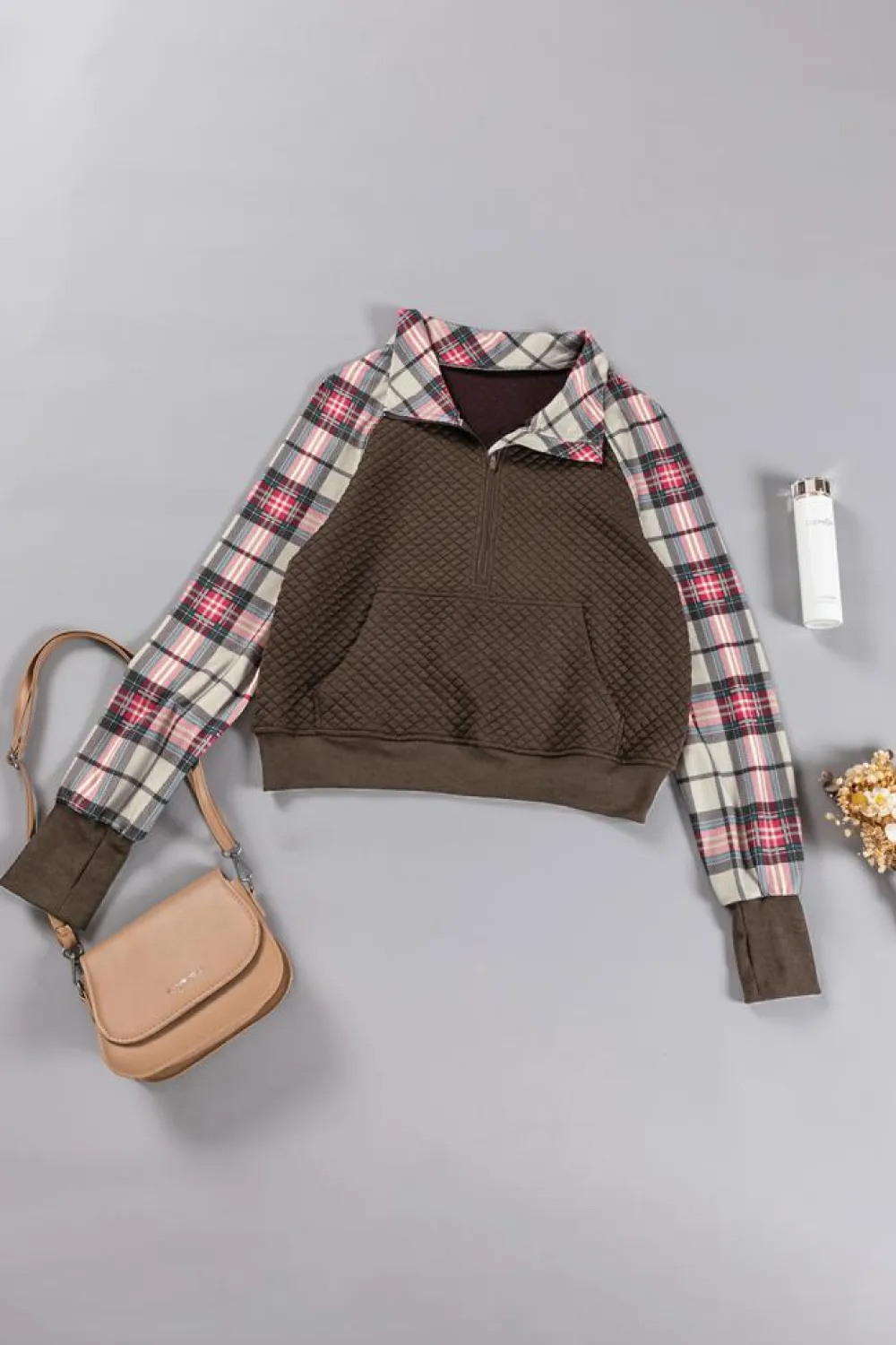 Hot Dear-Lover Plaid Sleeve Patchwork Collared Textured Sweatshirt Khaki Printed