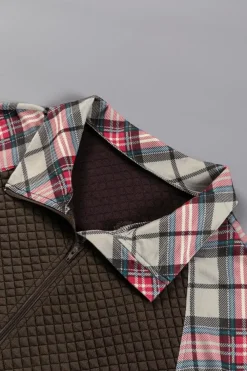 Hot Dear-Lover Plaid Sleeve Patchwork Collared Textured Sweatshirt Khaki Printed