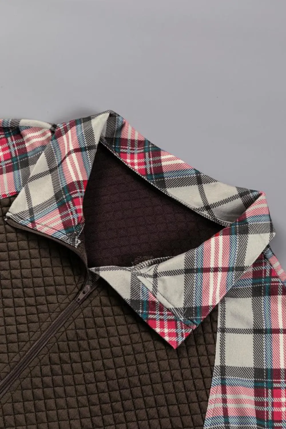 Hot Dear-Lover Plaid Sleeve Patchwork Collared Textured Sweatshirt Khaki Printed