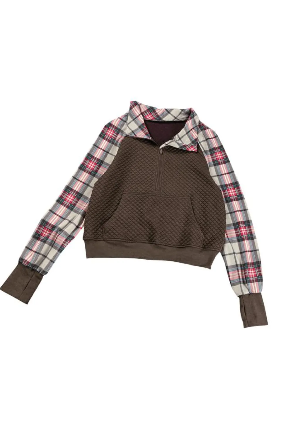 Hot Dear-Lover Plaid Sleeve Patchwork Collared Textured Sweatshirt Khaki Printed