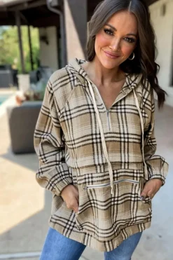 Online Dear-Lover Zipped Front Pullover Plaid Hoodie Khaki Printed