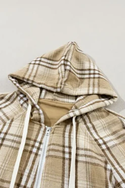 Online Dear-Lover Zipped Front Pullover Plaid Hoodie Khaki Printed