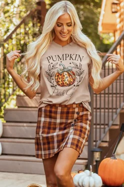 Online Dear-Lover PUMPKIN Patch Girly Leopard Bowknot Pumpkin Graphic T Shirt Khaki