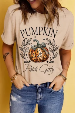 Online Dear-Lover PUMPKIN Patch Girly Leopard Bowknot Pumpkin Graphic T Shirt Khaki