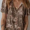 Clearance Dear-Lover Retro Floral Print Tassel Tie Split Neck Short Sleeve Blouse Khaki