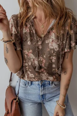Clearance Dear-Lover Retro Floral Print Tassel Tie Split Neck Short Sleeve Blouse Khaki