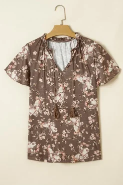 Clearance Dear-Lover Retro Floral Print Tassel Tie Split Neck Short Sleeve Blouse Khaki