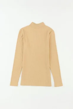 Sale Dear-Lover Ribbed Knit High Neck Long Sleeve Top Khaki