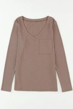 Sale Dear-Lover Ribbed Knit Patched Chest Pocket V Neck Top Khaki