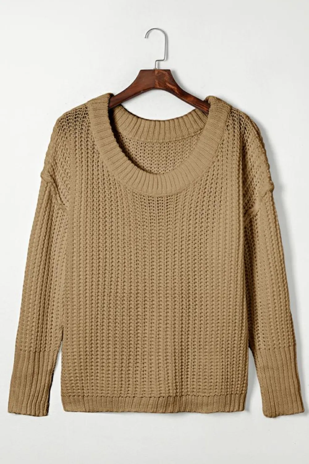 Best Dear-Lover Khaki Ribbed Knit Round Neck Slouchy Chunky Sweater Pale Khaki