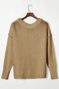 Best Dear-Lover Khaki Ribbed Knit Round Neck Slouchy Chunky Sweater Pale Khaki
