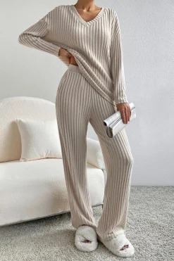 Best Dear-Lover Ribbed Knit V Neck Slouchy Two-piece Outfit Khaki