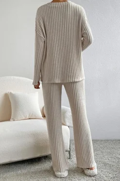 Best Dear-Lover Ribbed Knit V Neck Slouchy Two-piece Outfit Khaki
