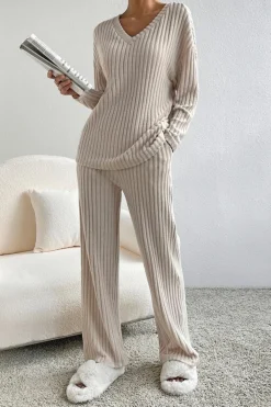 Best Dear-Lover Ribbed Knit V Neck Slouchy Two-piece Outfit Khaki