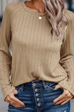 Hot Dear-Lover Ribbed Round Neck Knit Long Sleeve Top Khaki