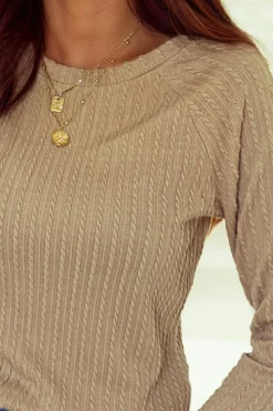 Hot Dear-Lover Ribbed Round Neck Knit Long Sleeve Top Khaki