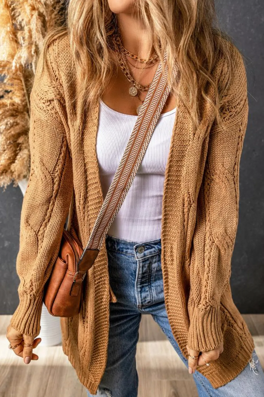 Clearance Dear-Lover Ribbed Trim Eyelet Cable Knit Cardigan Khaki