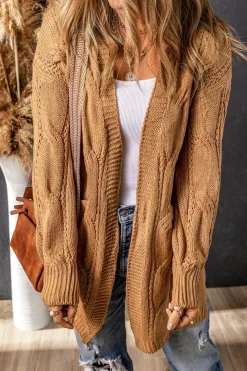 Clearance Dear-Lover Ribbed Trim Eyelet Cable Knit Cardigan Khaki