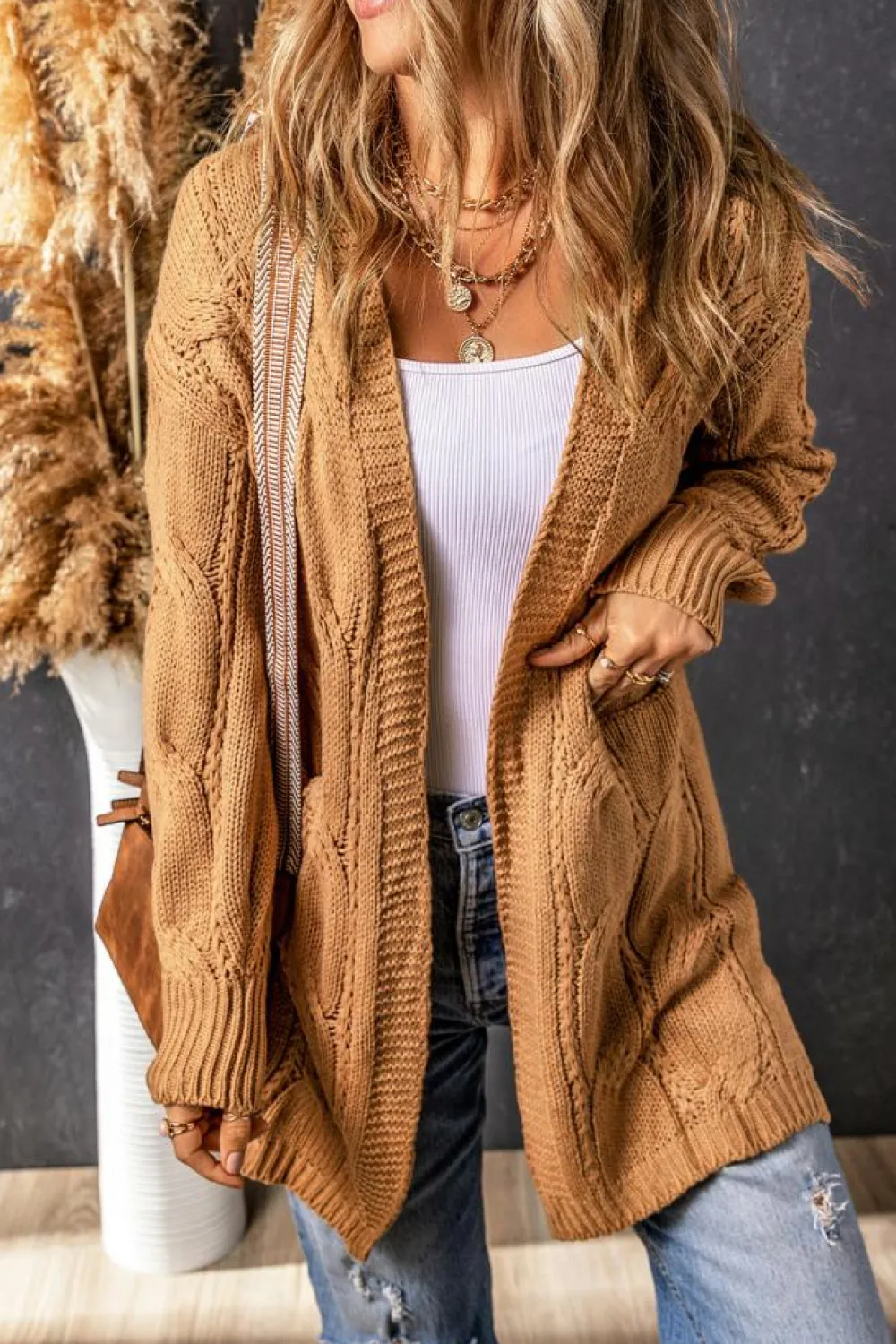 Clearance Dear-Lover Ribbed Trim Eyelet Cable Knit Cardigan Khaki