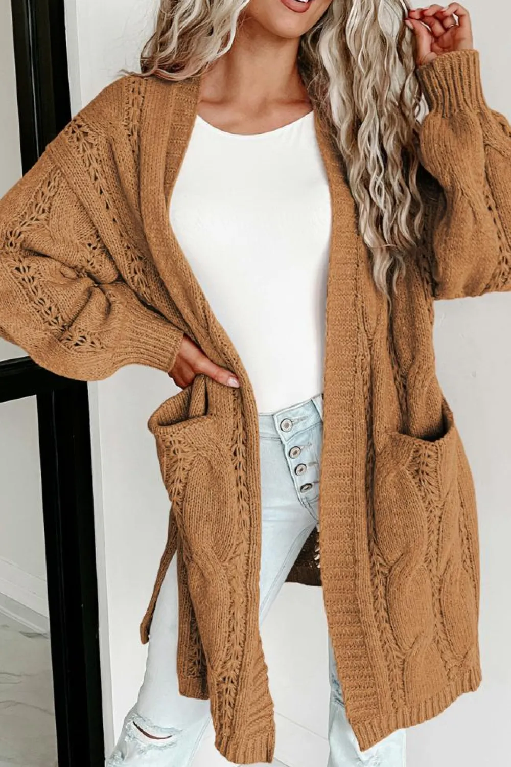 Clearance Dear-Lover Ribbed Trim Eyelet Cable Knit Cardigan Khaki