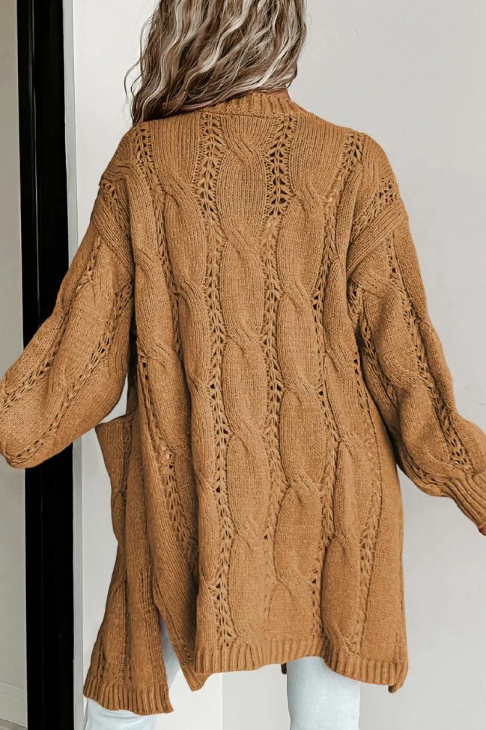 Clearance Dear-Lover Ribbed Trim Eyelet Cable Knit Cardigan Khaki