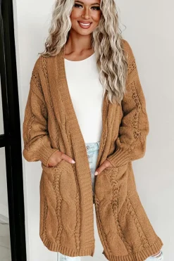 Clearance Dear-Lover Ribbed Trim Eyelet Cable Knit Cardigan Khaki