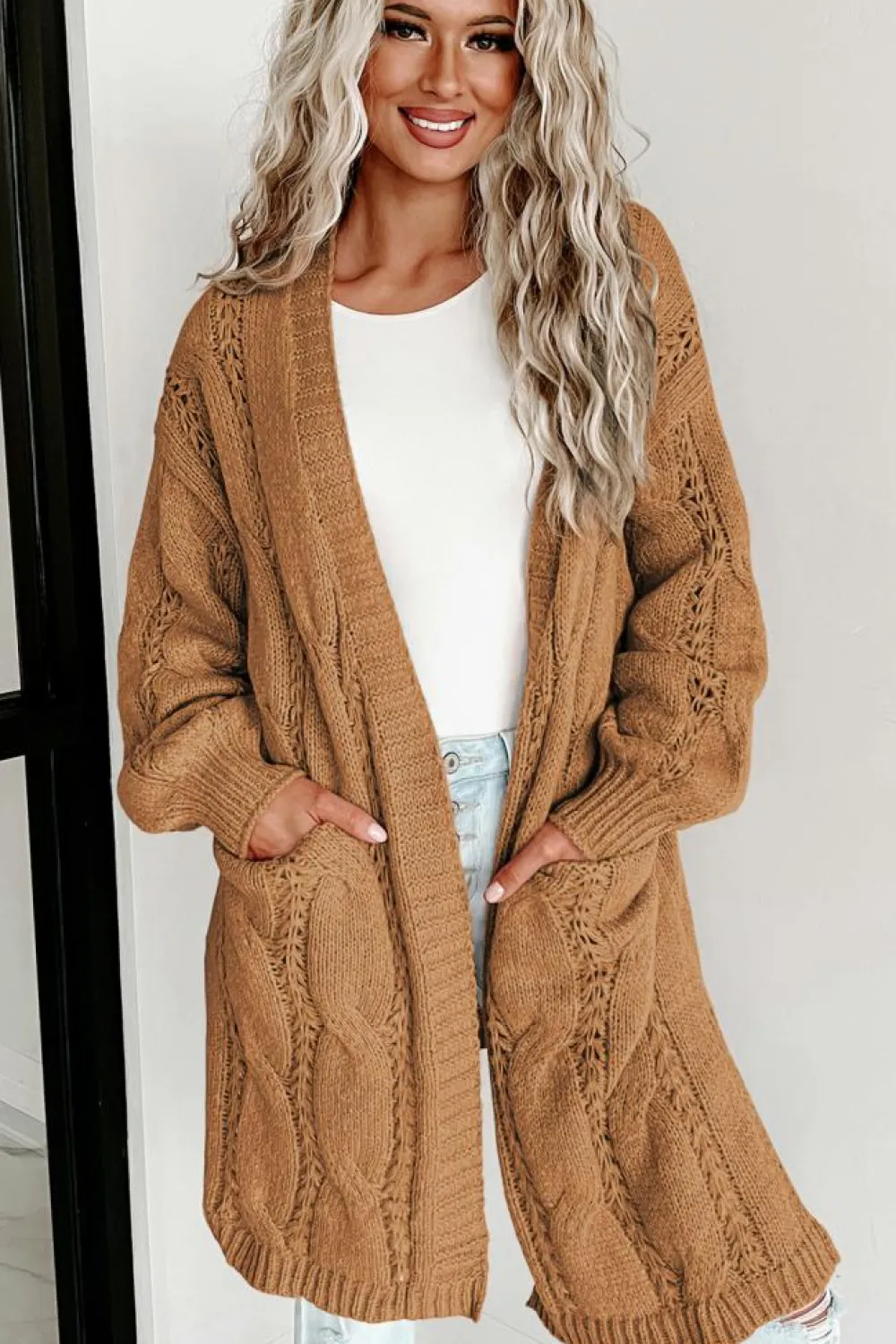 Clearance Dear-Lover Ribbed Trim Eyelet Cable Knit Cardigan Khaki