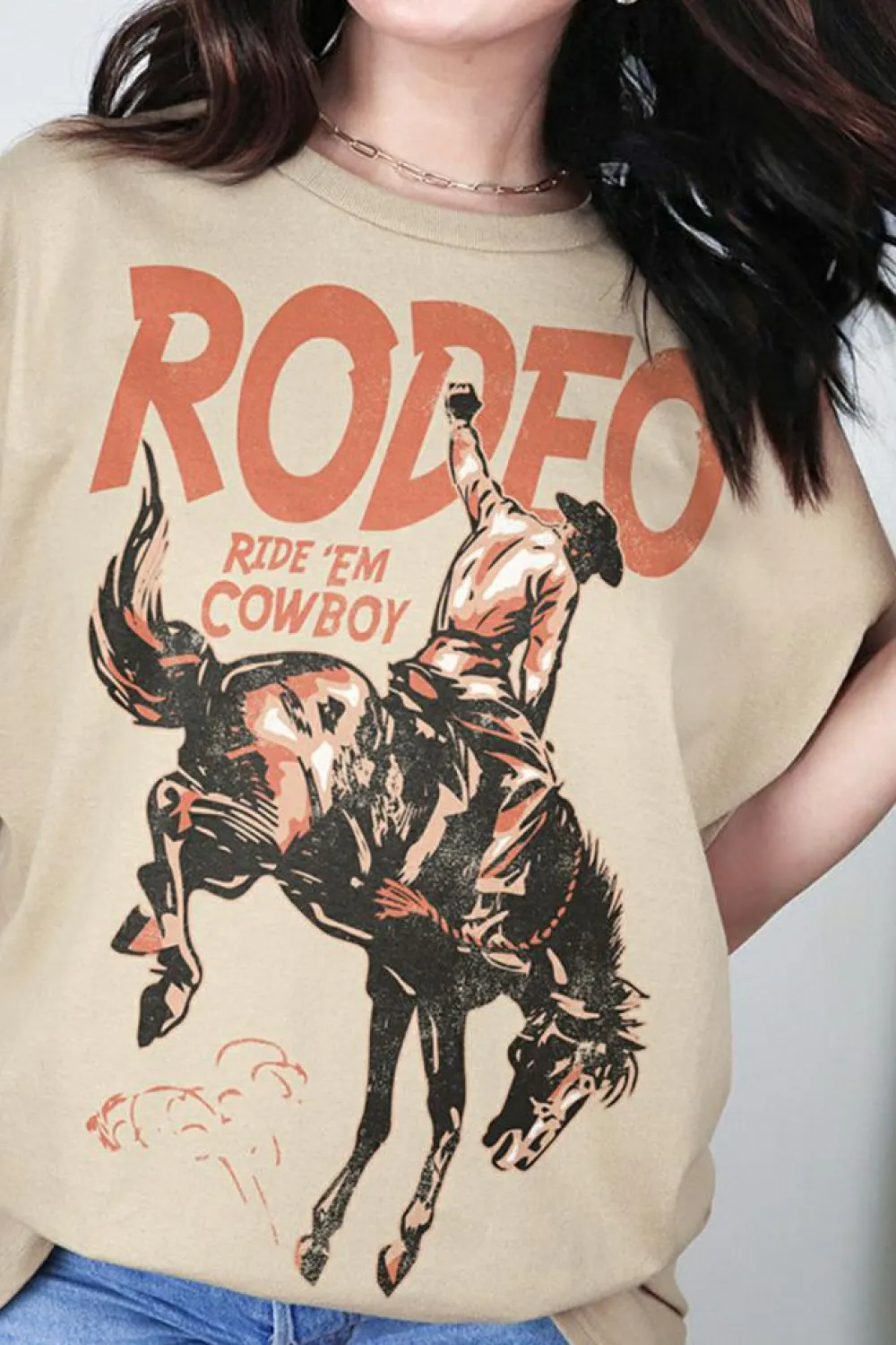New Dear-Lover RODEO Cowboy Graphic Crewneck T Shirt Khaki