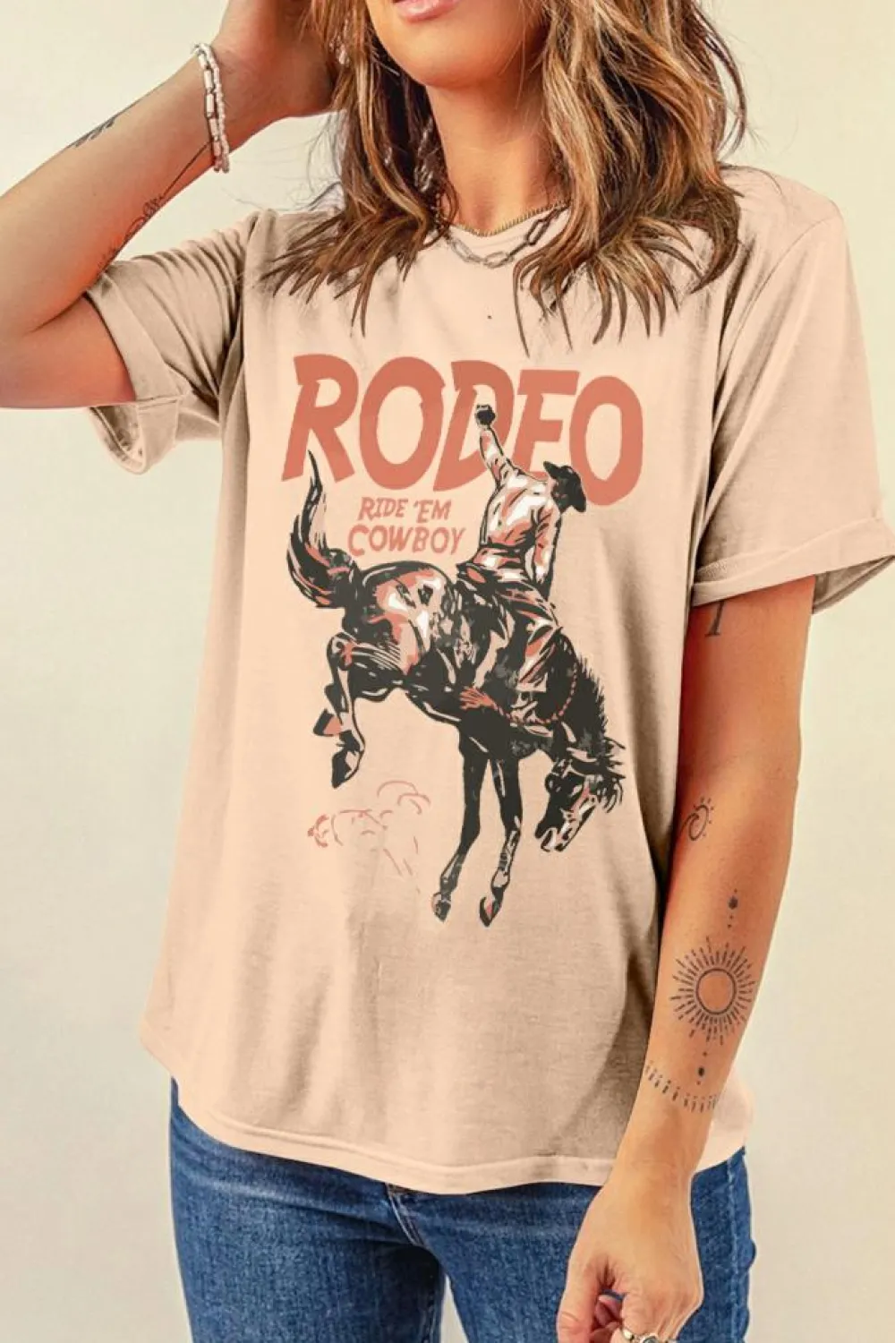 New Dear-Lover RODEO Cowboy Graphic Crewneck T Shirt Khaki