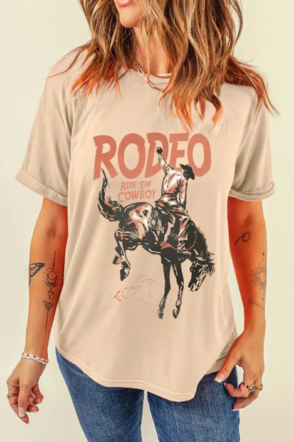 New Dear-Lover RODEO Cowboy Graphic Crewneck T Shirt Khaki