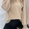 Hot Dear-Lover Ruffled Lace up Bubble Sleeve Blouse Khaki