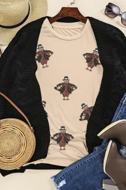 Best Dear-Lover Sequined Turkey Patched Pattern Crewneck Thanksgiving T Shirt Khaki